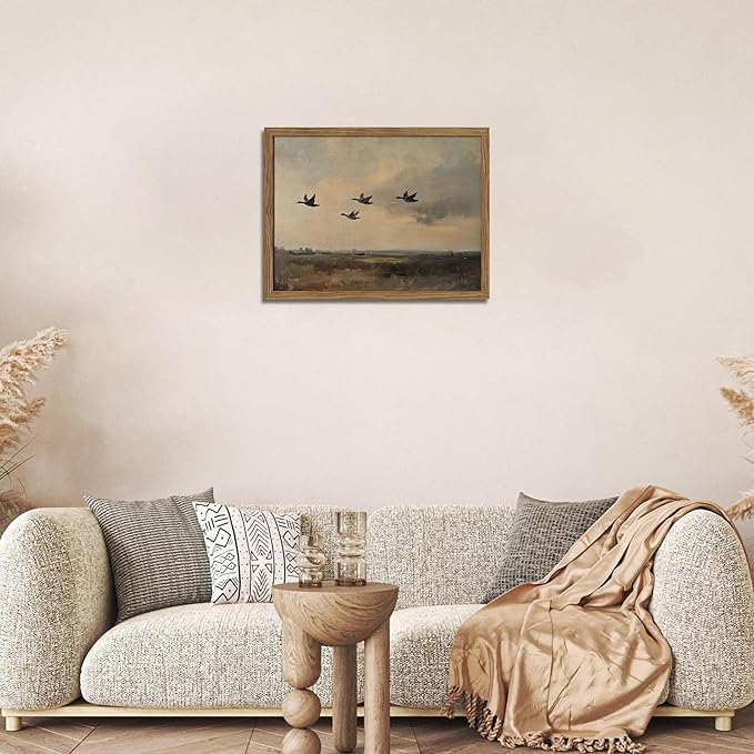 Framed Flying Ducks Canvas Wall Art, Rustic Countryside Landscape Painting, Vintage Birds Poster Print, Modern Farmhouse Ducks Wall Decor for Living Room Bedroom – 16x24 inch