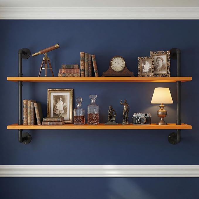 HDDFER Industrial Pipe Shelving Shelf Rustic Wood Wall Shelves Industrial Floating Shelves for Wall 48 Inch Farmhouse Bookshelf Pipe Shelves Living Room Kitchen