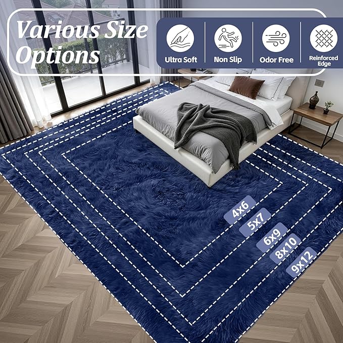 Fluffy Area Rugs 9x12 Living Room Bedroom: Ultra Soft Shag Rug Upgrade Non-Slip Non-Shedding Large Fuzzy Plush Carpet Indoor Floor Carpets for Kids Room Playroom Nursery Dorms Home Decor Blue