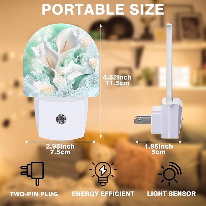 Night Light, White Calla Lilies Bouquet with Butterfly Night Lights Plug into Wall Dusk to Dawn Sensor Round Nightlight for Women Men Energy Efficient Led Lamp 0.5W for Stairway Hallway Bedroom