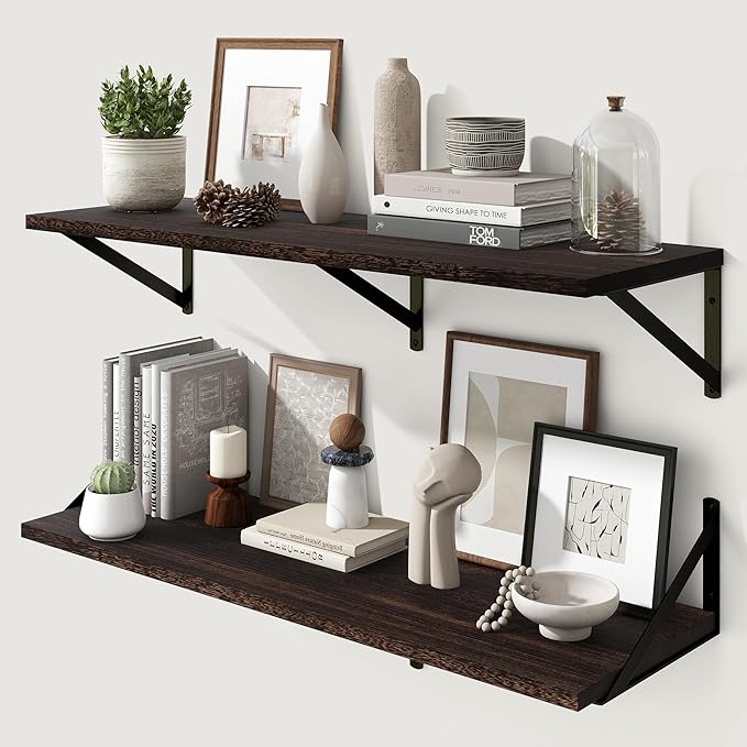Marsmiles Deep Floating Shelves for Wall - 36 Inch Wide x 12 Inch Deep Wall Shelves Set of 2 - Rustic Wood Floating Shelves for Living Room Bedroom Bathroom