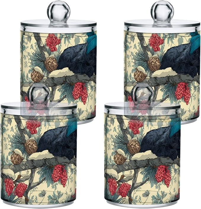 2 Pack Apothecary Jars Overly Cute Vintage Birds Bathroom Vanity Storage Organizer Set,Small Clear Plastic Storage Jars Bathroom Canister for Cotton Swabs, Rounds, Balls, Qtips,Makeup Sponges,