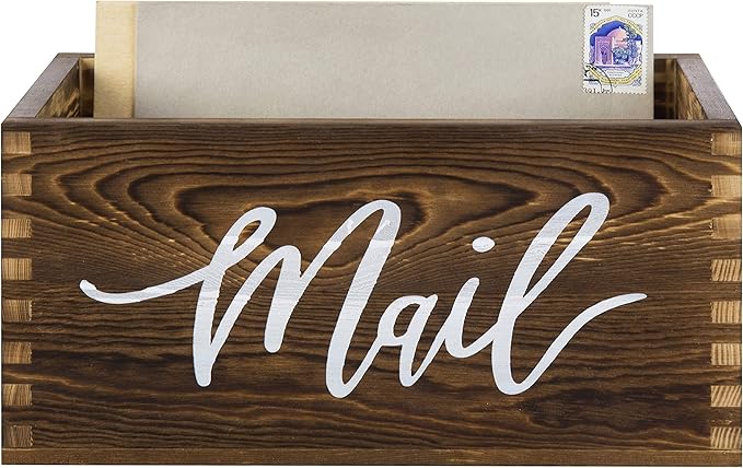 MyGift Mail Holder Storage Organizer Box Rustic Brown Wood with MAIL Script Design, Desktop Letters, Bills, Notes and Postcard Bin for Home Office Dorm Room