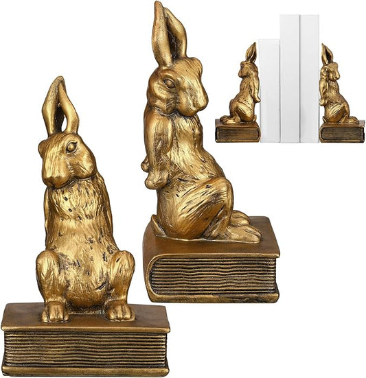 Kathfly Easter Bunny Bookends, Decorative Gold Rabbit Bookends for Shelves Vintage Resin Rabbit Book Ends, Cute Animal Bookend Supports for Home Office, Housewarming Gift, Set of 2