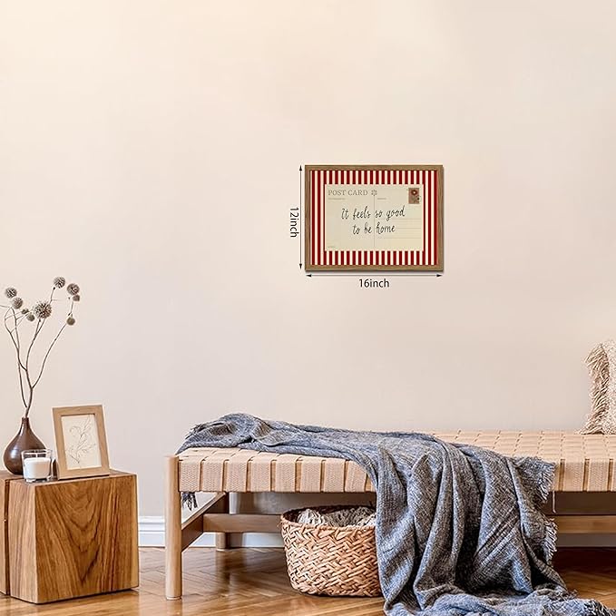It Feels So Good To Be Home Wall Art, Vintage Inspirational Postcard Canvas Wall Decor Painting, Red Striped Quotes Artwork Print Picture for Living Room Bedroom 12x16 Inch Wood Framed