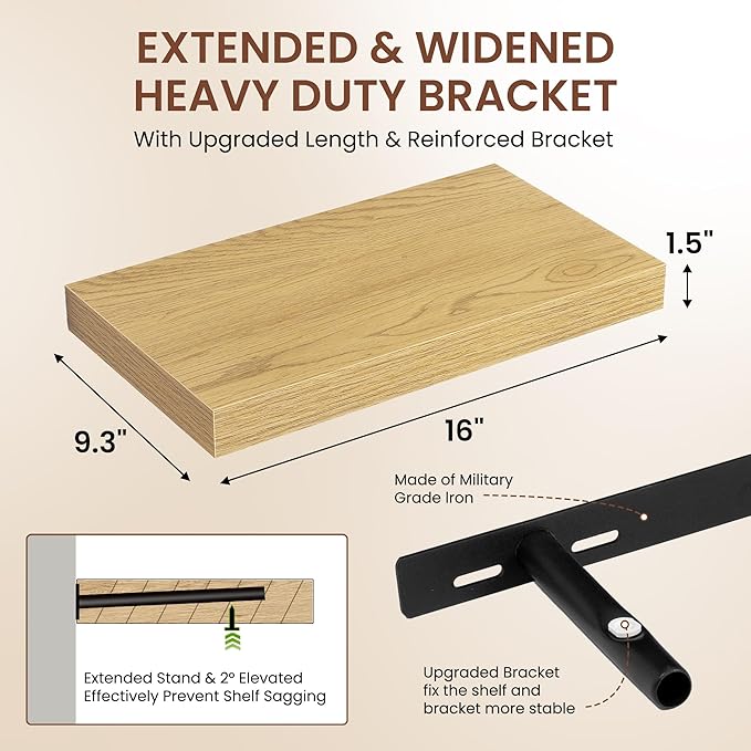 Dreamland 16 Inches Floating Shelves for Wall, 9.3" Deep Long Floating Shelves Set of 2, Large Display & Storage Shelf, Wall Shelf for Bathroom Bedroom Living Room Kitchen Office, Oak