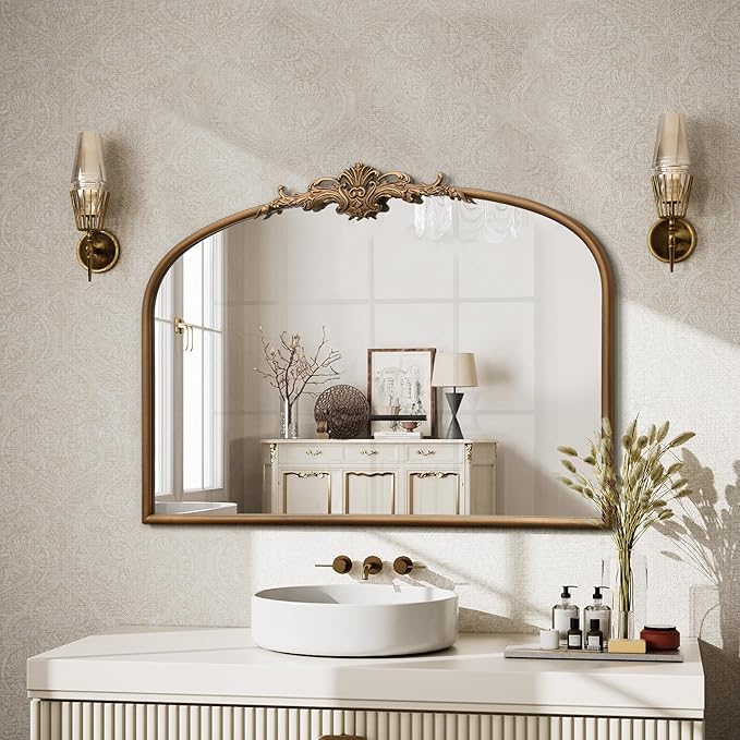 Besdomus Vintage Arched Gold Mirror: 32"x24" French Large Vintage Vanity Wall Mirror - Baroque Decorative Traditional Ornate for Bedroom/Fireplace/Bathroom/Hallway - Wall Decor for Fashion-Conscious