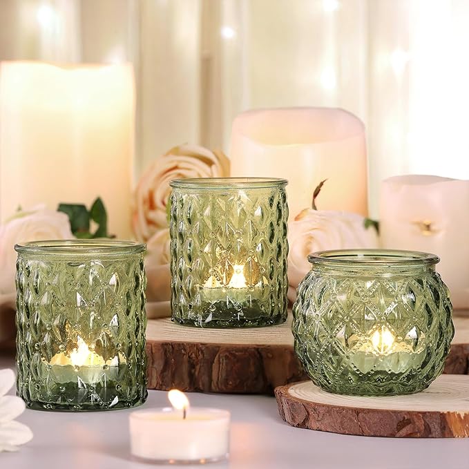 NITIME 12Pcs Assorted Green Votive Candle Holders, Tea Lights Candle Holder for Table Centerpiece, Green Candle Holders for Wedding, Bridal Shower and Tea Party Decorations
