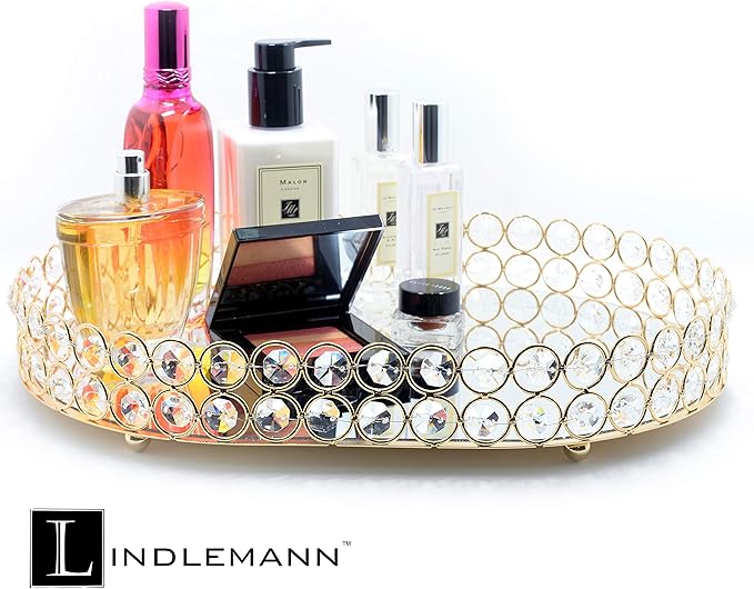 Crystal Vanity Tray Decorative Mirrored Dresser Perfume Trays for Makeup Cosmetic Storage Jewelry Trinket Storage Organizer for Bathroom Countertop Home Décor (Oval, 14x10in, Gold)