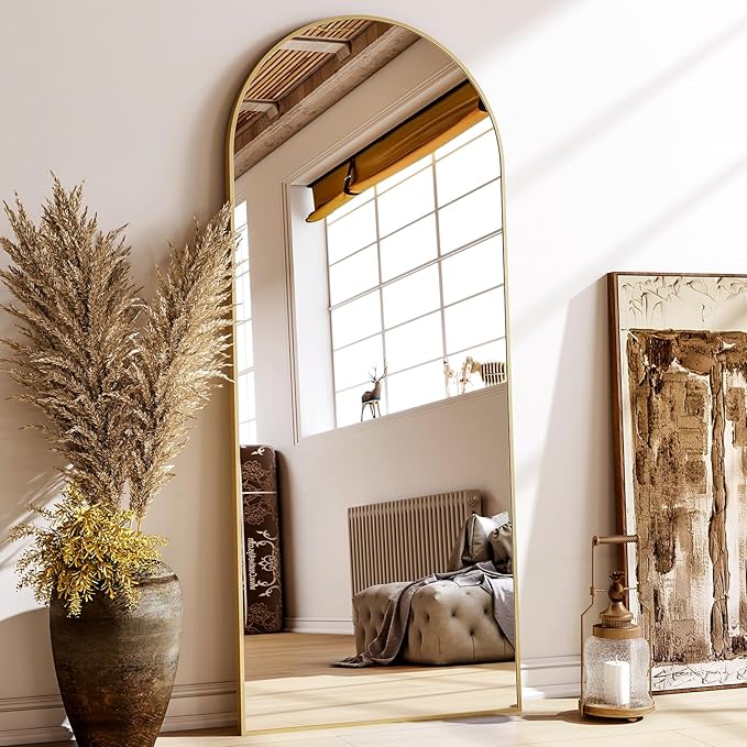 XRAMFY 24x68 Arched Full Length Mirror Floor Mirrors with Aluminum Alloy Frame Free-Standing Wall Mounted Floor Mirrors or Large Dressing Mirror, Gold Mirror Full Length