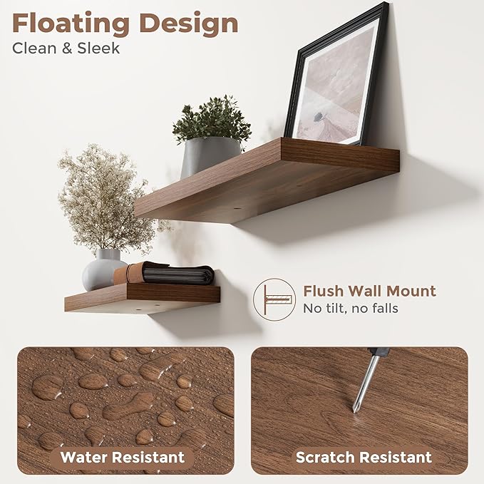 8 Inch Floating Shelves for Wall with Invisible Brackets Set of 3, 8"D Engineered Wood Wall Shelves with Wood Grain for Living Room, Bedroom, Bathroom, Kitchen Decor and Storage, Walnut Finish