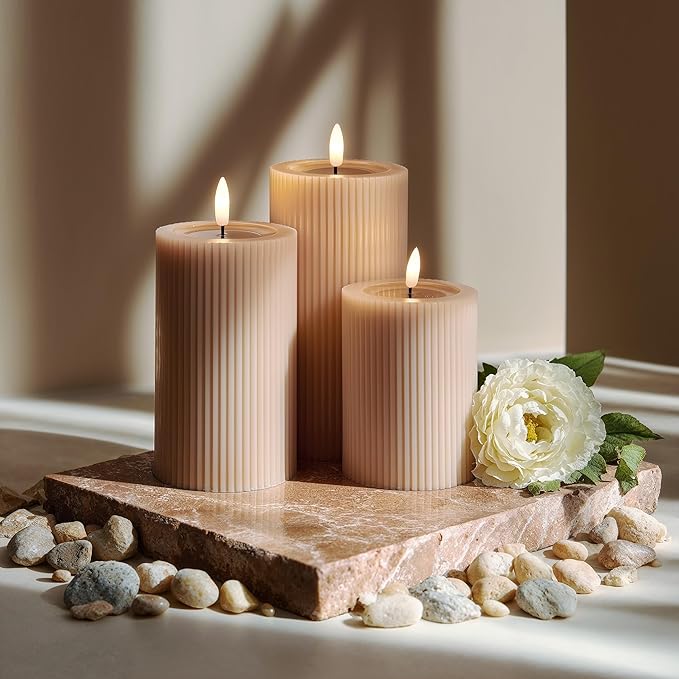 Fluted Ribbed LED Pillar Candles, Blush Beige, with Reflective Melted-Wax Effect – Flickering Flame, Remote, Dimmable, Flameless, Battery Operated, Home & Wedding Decor (Set of 3)