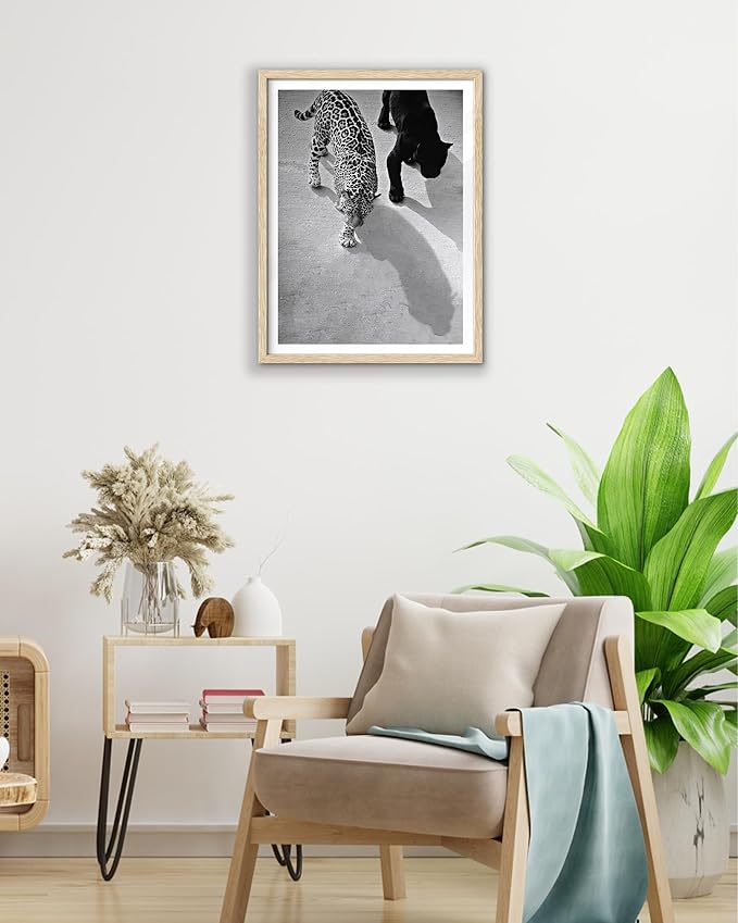 EcoHest Small Cheetah and Jaguar Walking Framed Wall Art, 8x10 in OAK Wood Vintage Black and White Funny Bathroom Canvas Art, Fashion 1950s Poster Decor, Set of 1 for Bedroom Living Room
