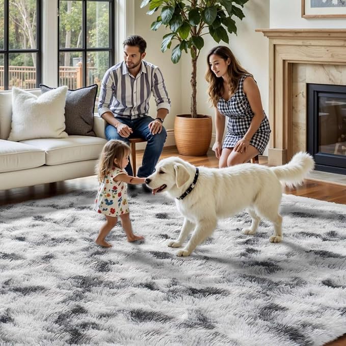 FinRèc 8x10 Rugs for Living Room Bedroom, Black and White Fluffy Shaggy Area Rug, Non-Slip Soft Shag Rug for Nursery Kids Room Dorm Room Home Decor, Indoor Plush Floor Carpet