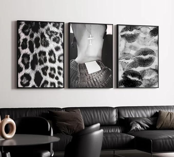 Set of 3 Fashion Chic Wall Art Kiss Lips Poster Leopard Picture Wall Decor Trendy Y2k Print Black and White Aesthetic Girly Room Decor for Bedroom Living Room Dorm Home Decoration Unframed 12"x16"