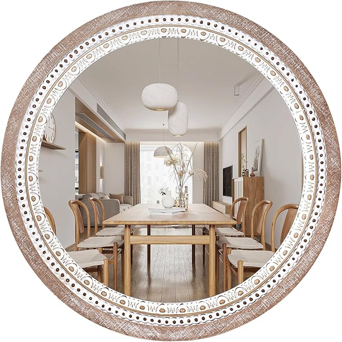 Reflinto 24 Inch Boho Wooden Round Mirror for Wall Decor, Rustic Farmhouse Circle Mirrors Decorative for Bathroom Over Sink, Living Room, Entryway, Hallway