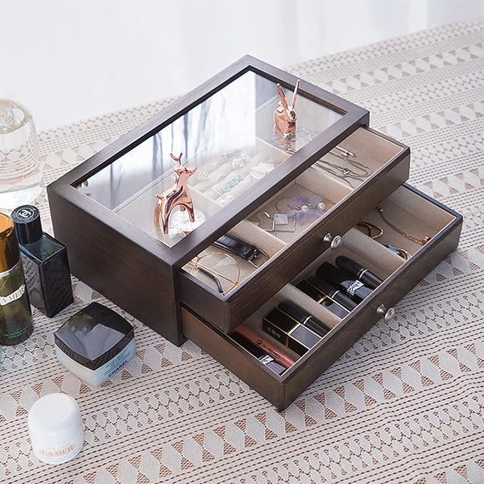 VSULZVNU makeup organizers Jewelry Boxes Organizer Vintage Jewelry Case with 2 Drawers and Transparent Glass Lid Wooden Jewelry Organizer For Necklaces Earrings Watches Jewelry Case (Color : Walnut)