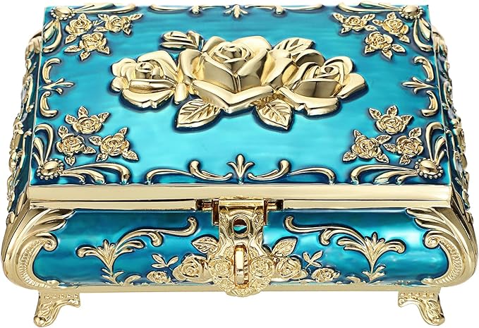 Hipiwe Metal Decorative Jewelry Box Vintage Treasure Chest Case Ornate Trinket Organizer Earrings Necklace Bracelet Storage Box Ring Holder Keepsake Box for Women