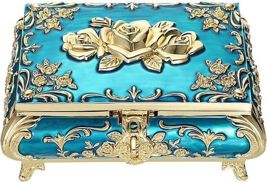 Hipiwe Metal Decorative Jewelry Box Vintage Treasure Chest Case Ornate Trinket Organizer Earrings Necklace Bracelet Storage Box Ring Holder Keepsake Box for Women