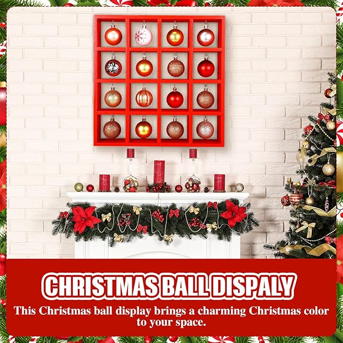 Cinnvoice Christmas Holiday Ornament Displays Rack Wooden Hanging Stand Holder Hanger for Christmas Ball Display Shelf Cabinet for Craft DIY Wall Decorations Gift(Red,16 Compartment)