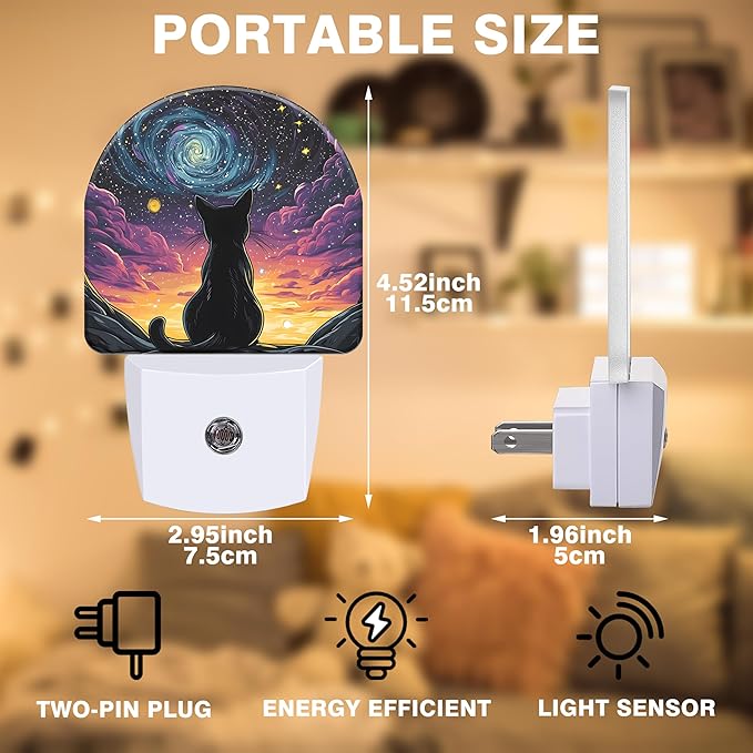 Van Gogh Starry Night Night Light, Black Cat Night Lights Plug into Wall Dusk to Dawn Sensor Round Nightlight for Women Men Energy Efficient Led Lamp 0.5W for Stairway Hallway Bedroom