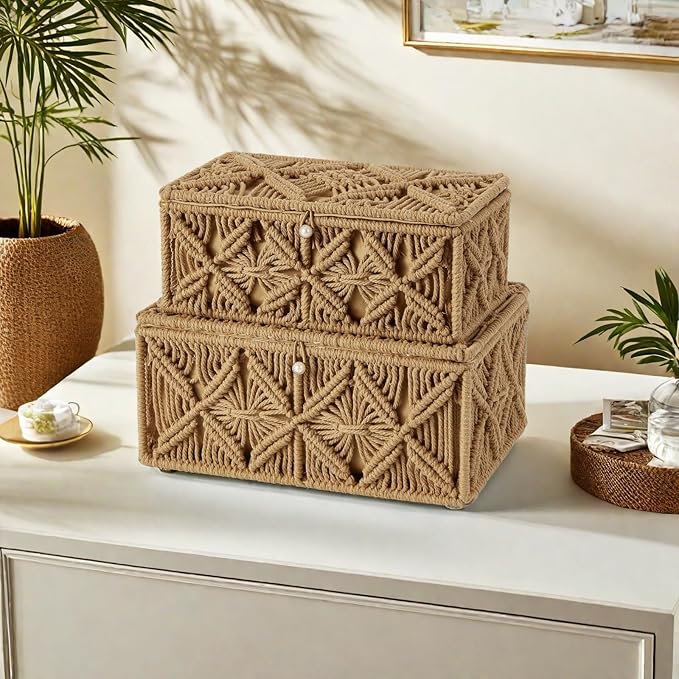 2PCS Decorative Boho Storage Baskets with Lid Bohemian Macrame Jewelry Box Handmade Natural Cotton Rope Woven Bins Memory Keepsake Photo Makeup Organizer Container (Khaki, 1 Large 1 Small)