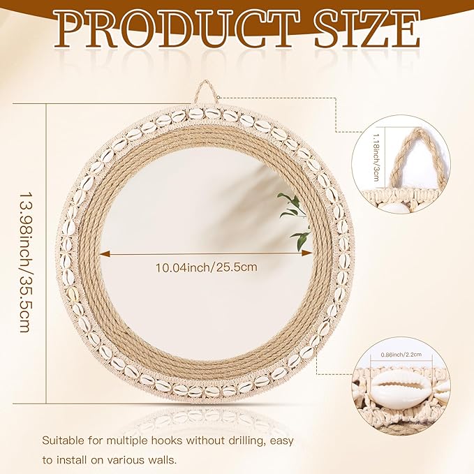 Round Mirrors for Wall, Hand-Woven Shell Lace Decorative Mirror, Boho Mirrors for Over Sink, Wall Decor for Bathroom, Entryway, Bedroom, Vanity (Natural)