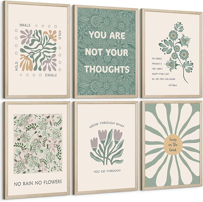 Mental Health Wall Art Therapy Office Canvas Wall Decor Green Motivational Posters Prints Boho Inspirational Quote Pictures Positive Psychology Artwork Painting for Classroom 12x16 Inch Framed 6Pcs