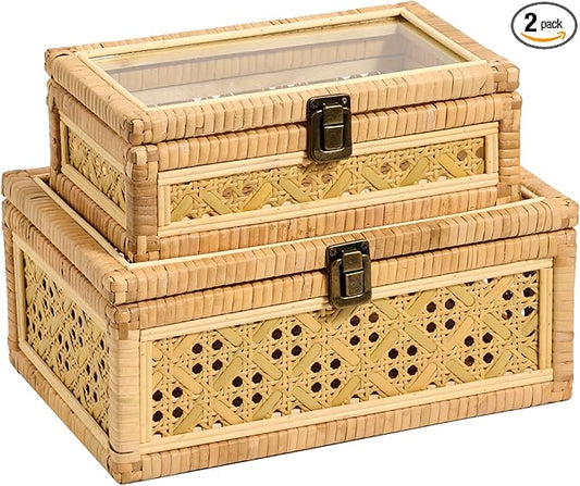 2PCS Decorative Rattan Box Set with Clear Glass Lid Wooden Frame Handmade Boho Natural Wicker Basket Woven Cane Bin Keepsake Memory Jewelry Organizer Rectangular Desk Shelf Closet Container