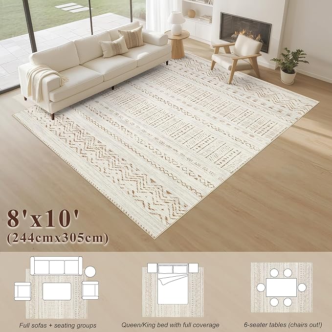 cotiled 8x10 Area Rug Living Room: Washable Boho Rugs with Non Slip Backing Large Soft Indoor Stain Resistant Carpet for Bedroom Farmhouse Dining Room Lightweight Home Decor Brown/Cream