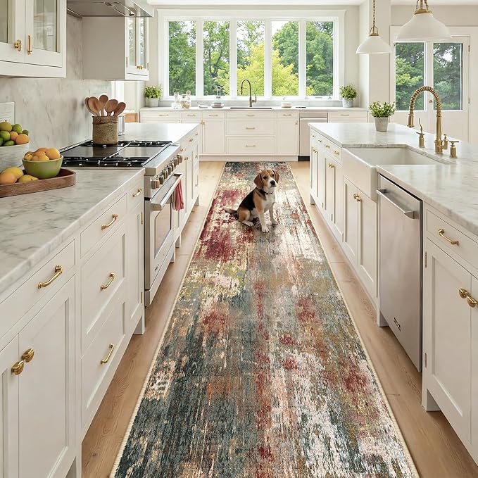 RELEANY Washable Area Rugs 2'6"x14 Non-Slip Modern Abstract Soft for Living Room Entryway Bedroom Nursery, Print Pattern, Brown Rust Red Green Blue Multi