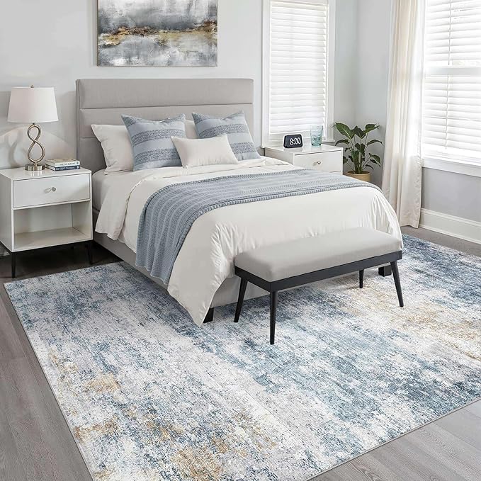 7x9 Area Rug Living Room: Washable Large Neutral Rug Abstract Soft Modern Stain Resistant Indoor Floor Non-Slip Carpet for Bedroom Nursery Kids Office Playroom Dining Room Under Table- Blue Gold