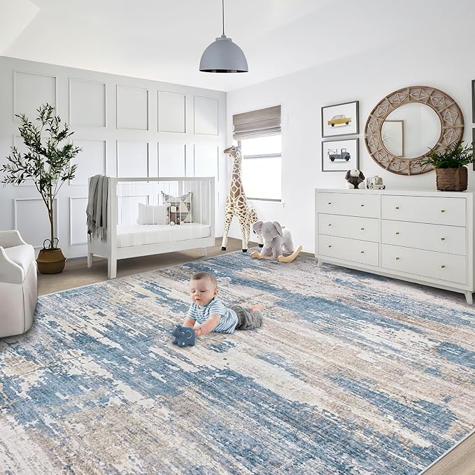 XLUEZ 9x12 Area Rug for Living Room, Washable Modern Abstract Large Area Rug Neutral Soft Non Slip Kids Rug Stain Resistant Indoor Carpet for Bedroom Dining Room Playroom Office(BlueBeige, 9'x12')
