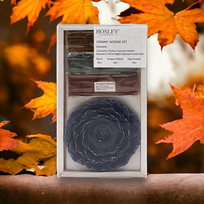 Hosley Incense Sticks Gift Set with Includes 60 Incense Sticks & Ceramic Holder - Perfect Bathroom Set for Home, Weddings, Meditation, Spa, Bathroom Use