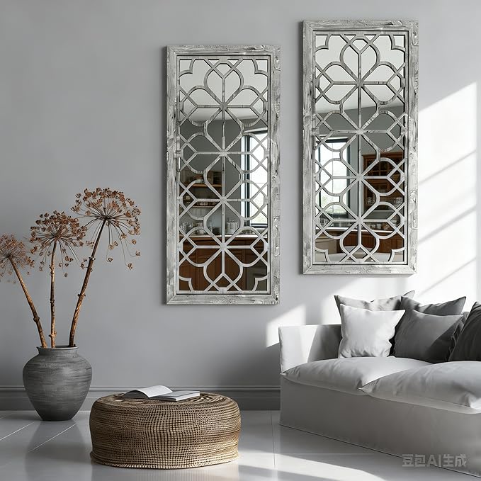 Set of 2 13x30 Inch Large Grey Shatterproof Carved Floral Wood Frame Wall Mirrors, Boho Farmhouse Rustic Accent Mirrors for Living Room Bedroom Bathroom & Home Decor