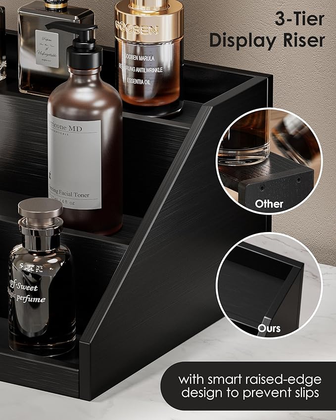 ProCase Wooden Cologne Organizer for Men, 3-Tier Elevated Wood Perfume Storage Display Shelf with Drawers, Dresser Storage Stand Riser for Fragrance Skin Care, Gift for Boys Men Dad Husband -Black