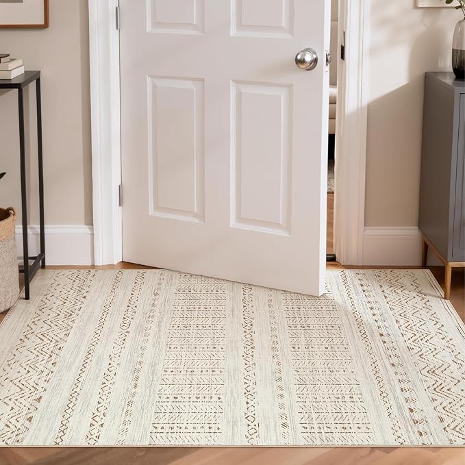 cotiled 3x5 Area Rug Living Room: Washable Boho Rugs with Non Slip Backing Small Soft Indoor Stain Resistant Carpet for Bedroom Farmhouse Dining Room Lightweight Home Decor Brown/Cream