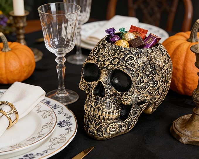 Skull Bowl Decorative Skull Vase Makeup Brush Pen Holder Organizer Dresser Gothic Table Organizer Decoration, Antique Gold Skull Pot Enthusiasts Gifts
