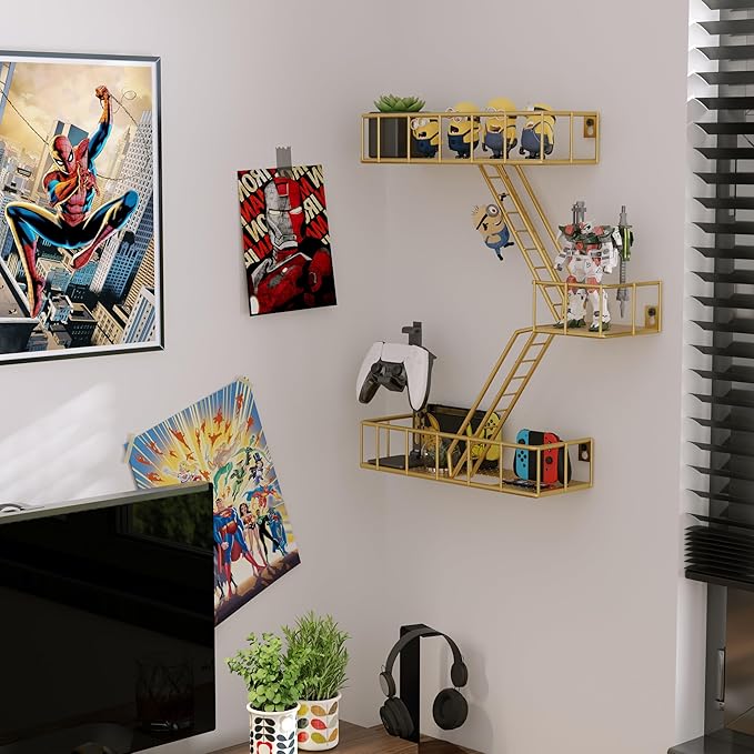 Fire Escape Shelf - 3 Tier Metal Glod Fire Escape Wall Shelves with Baskets, New York Action Figurine Display Shelf, Unique Rustic Floating Decorative Wall Shelves for Any Room
