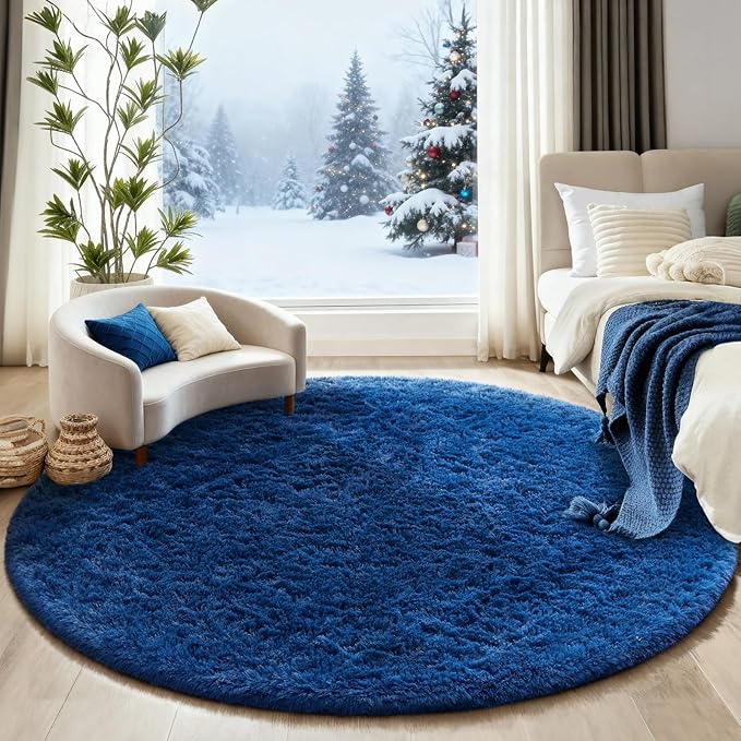 Ophanie Round Rug 6Ft Blue Circle Area Rug, Boys Room Decor, Fluffy Fuzzy Bedroom Carpet, Plush Soft Shaggy Living Room Rugs for Kids Home Decor Aesthetic, Nursery