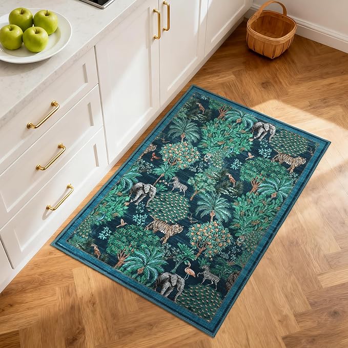 GarveeHome Jungle Rug 2x3 Animal Print Rugs Non Slip Washable Front Door Rug for Entryway, Indoor Kitchen Rugs Low-Pile Small Door Mat Forest Carpet for Bedroom Home Décor, Blue