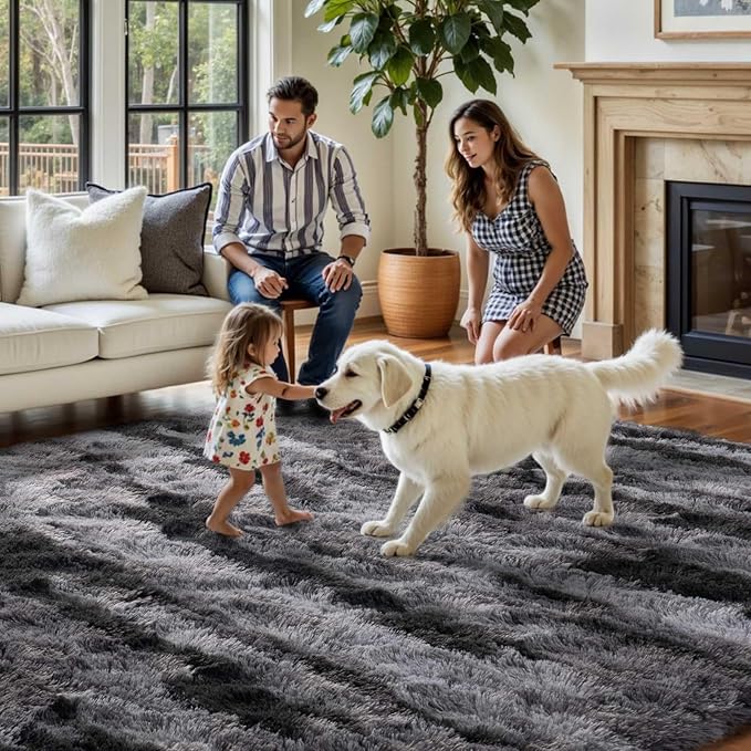 FinRèc Black Rugs for Bedroom Living Room, 4x6 Feet Fluffy Shaggy Area Rug, Non-Slip Soft Shag Rug for Nursery Kids Room Dorm Room Home Decor, Indoor Plush Floor Carpet