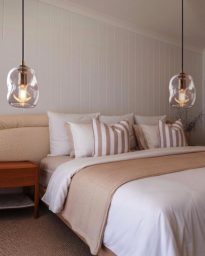 CASAMOTION Pendant Lights Kitchen Island 2 Pack Modern Contemporary Clear Glass Organic Globe Brass Gold Hanging Light Adjustable Cord Bedroom Dining Table Small Medium Lamp 8 Inch Height