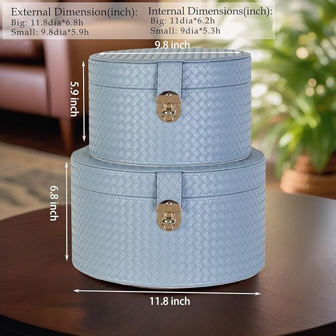 Large Leather Decorative Boxes Set of 2 Round Hat Box Bin Basket with Lid for Shelf Coffee Table Storage Remotes Modern Home Decor (light blue)