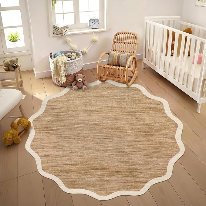 GarveeHome Scalloped Round Washable Rug 5ft, Soft Non Slip Circle Carpets for Bedroom Ultra-Thin, Boho Light Brown Print Distressed Circular Carpet for Living Room Dorm Bedside, Light Brown