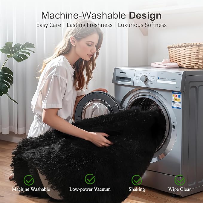 KICHOWUA Thick Area Rug Black Fluffy Shag 3x5 for Bedroom, Ultra Soft Thickened Plush Washable Carpet, Non-Slip Cozy Shaggy Fuzzy Rug for Living Room Nursery Dorm Playroom Kids Baby Room