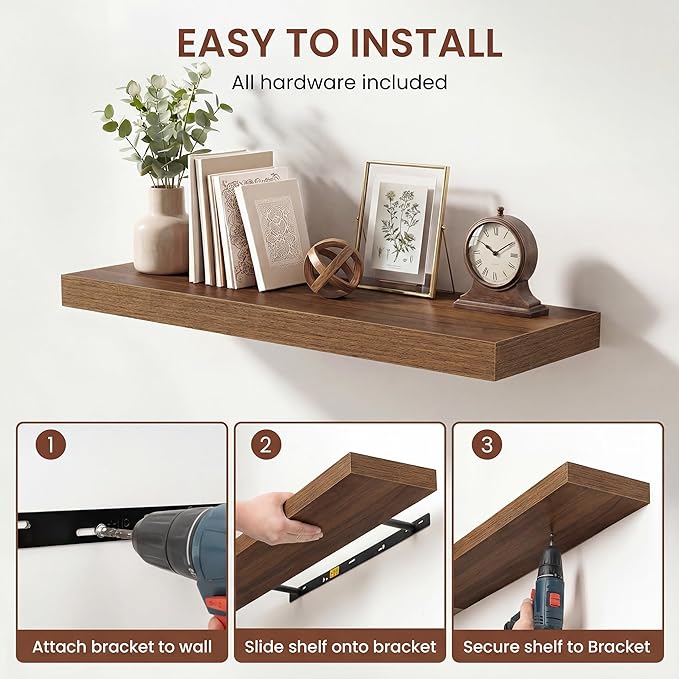 Dreamland 36 Inches Floating Shelves for Wall, 9.3" Deep Long Floating Shelves Set of 2, Large Display & Storage Shelf, Wall Shelf for Bathroom Bedroom Living Room Kitchen Office, Walnut