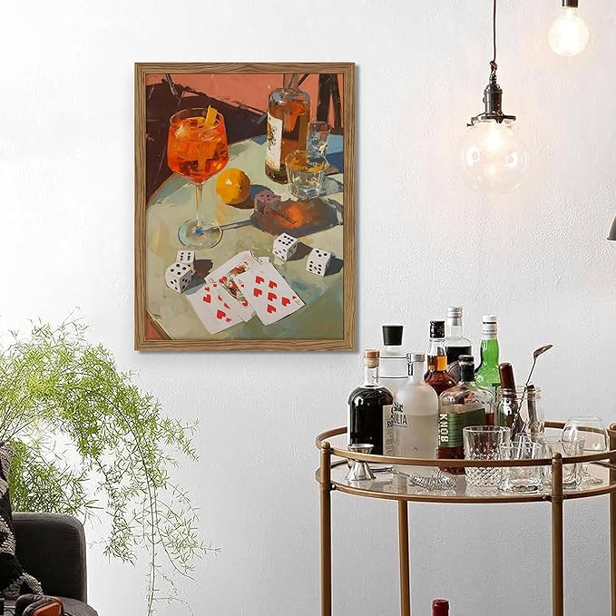 Framed Cocktail Bar Wall Art, Vintage Dice And Poker Canvas Wall Decor Painting, Whiskey Liquor Bar Still Life Artwork Poster Print Picture for Men Game Room Kitchen Dining Room Home Decor 16x24 Inch