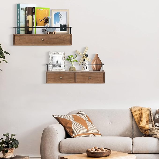 Floating Shelves for Wall Storage, Wall Mounted Bathroom Shelf with Drawers Set of 2, Rustic Wood Floating Drawers for Living Room, Kitchen, Home Decor, Plants, Books