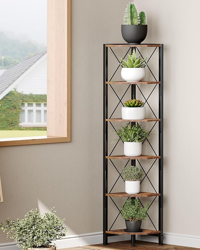CHOEZON 6-Tier Corner Shelf, Corner Bookcase, 66.9" Tall Vertical Display Rack, Plant Stand, Open Storage Shelf, for Living Room, Bedroom, Study, Kitchen, Rustic Brown and Black TCJ13BF